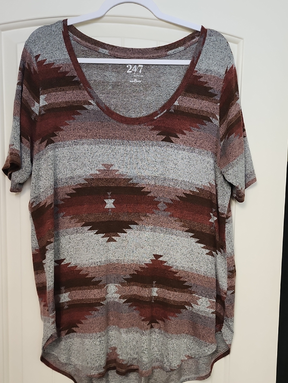 Maurices Women’s Short Sleeve Scoop Neck Tee in Burgundy and Gray Aztec
